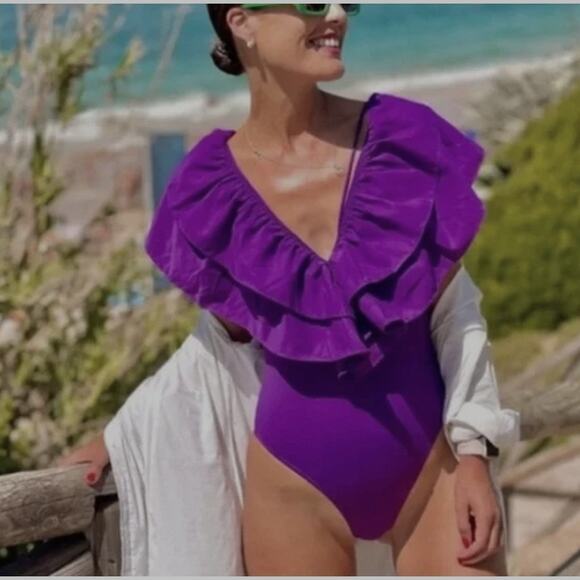Zara Purple One Piece Swimsuit Bodysuit Top V-Neck Ruffles Cheeky Size Large - Picture 10 of 12